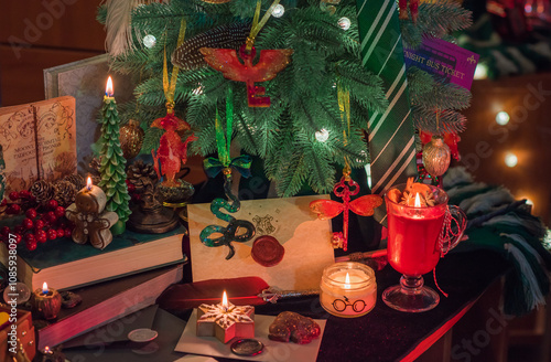 Christmas cozy magic details at table. Christmas eve prediction with candles. photo