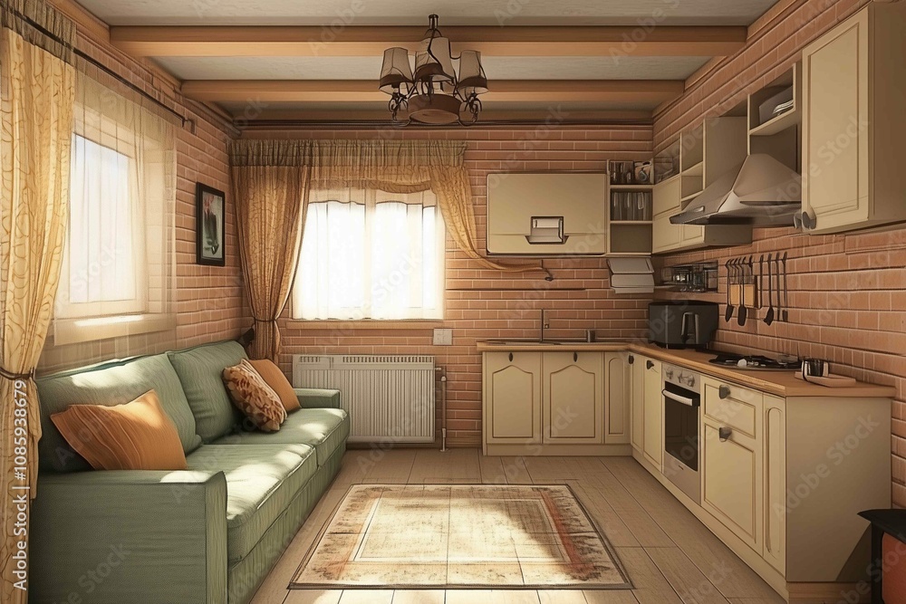 Fototapeta premium The interior of a small apartment with kitchen and living room. 3D rendering, 3D illustration.