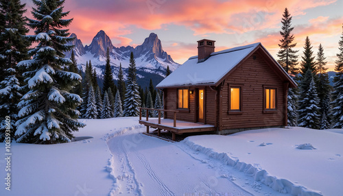Wallpaper Mural Cozy wooden cabin in snowy landscape with mountains at sunset Torontodigital.ca
