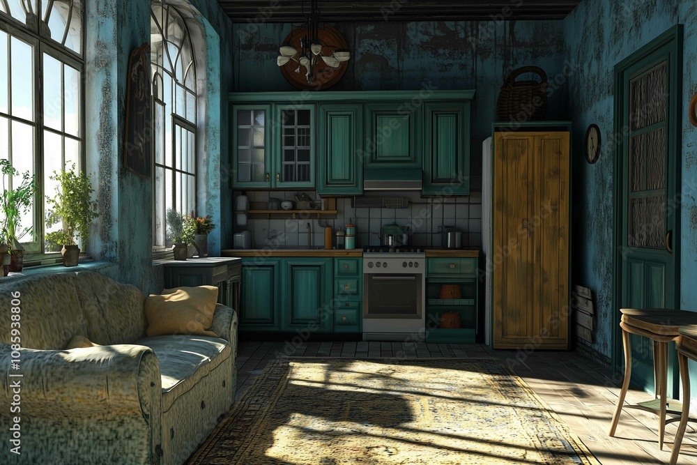 The interior of a small apartment with kitchen and living room. 3D rendering, 3D illustration.
The interior of a small apartment with kitchen and living room. 3D rendering, 3D illustration.