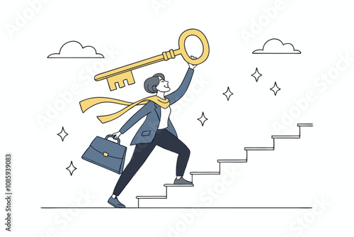 businesswoman climbing stairs holding a key vector illustration for success and opportunity.
