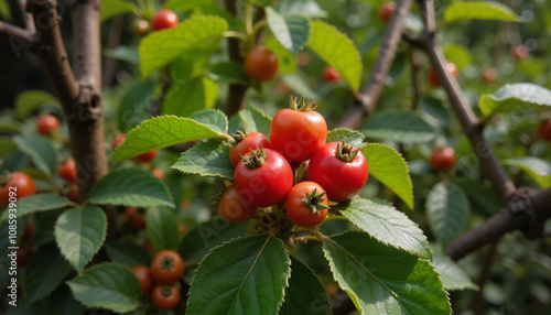 Cluster of ripe fruit on a tree branch, vibrant mood, showcasing nature's bounty, green foliage background