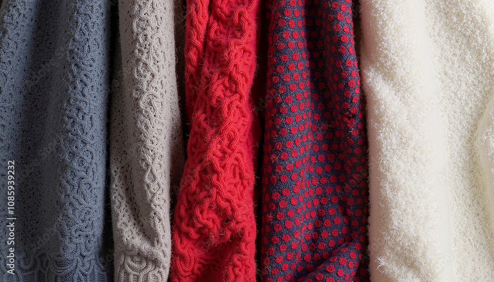 A collection of textured knit fabrics in various colors, showcasing winter warmth and style A collection of textured knit fabrics in various colors, showcasing winter warmth and style
