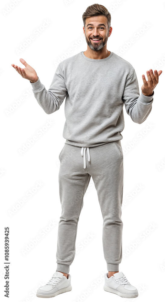 Man in grey sweatpants is smiling and inviting with his arms outstretched, isolated over transparentbackground for mockup, PNG cut-out Man in grey sweatpants is smiling and inviting with his arms outstretched, isolated over transparentbackground for mockup, PNG cut-out