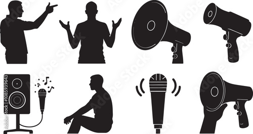 Vector set of black silhouettes of speakers