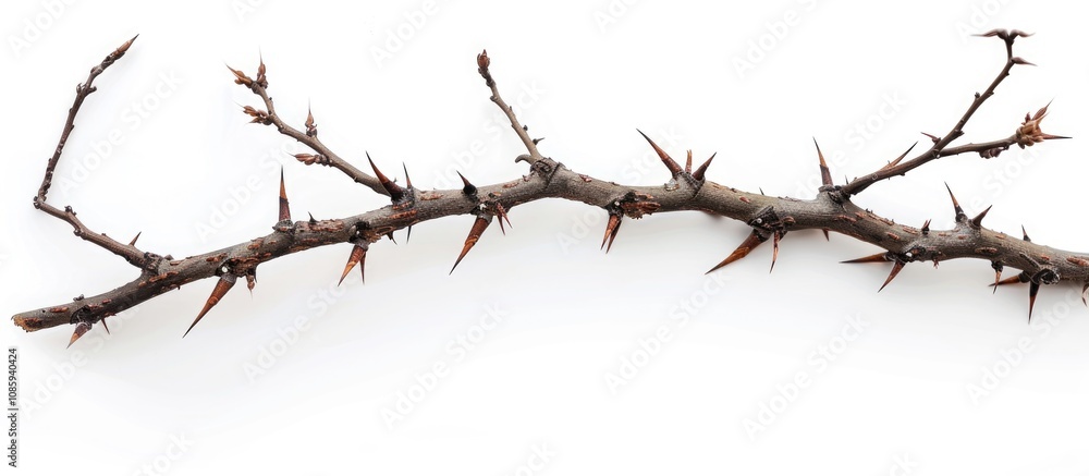 Tree Branch with Sharp Thorns on White Background Tree Branch with Sharp Thorns on White Background