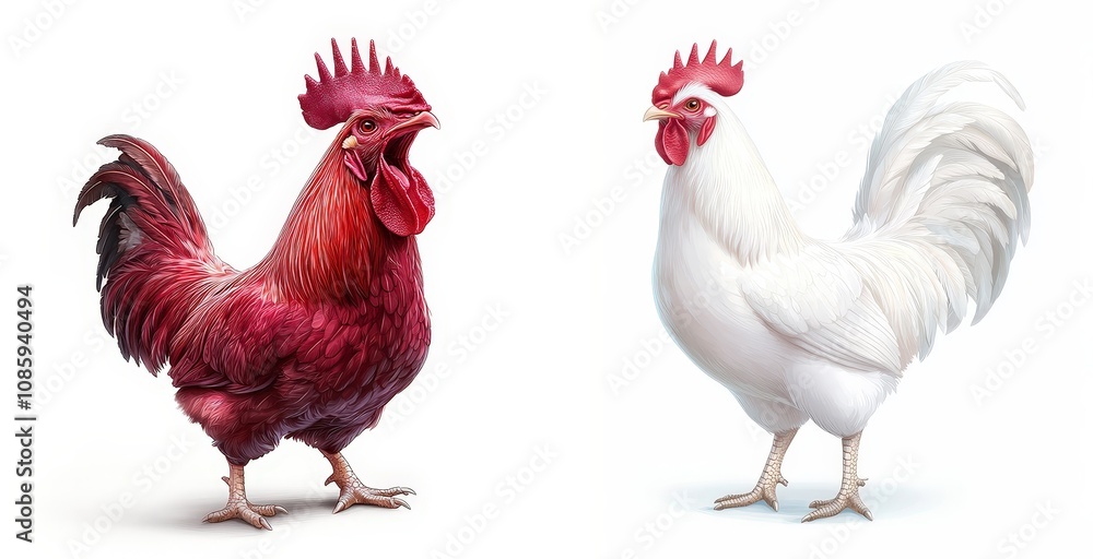 Fototapeta premium A vivid illustration of a red rooster and a white rooster showcasing their distinct features and colors.