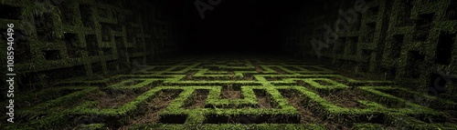 Dense green hedge maze leading into darkness, evoking mystery and exploration. photo