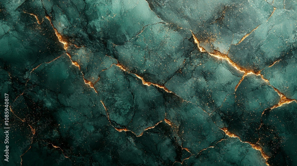 A textured green marble background with golden cracks, ideal for design and decoration. A textured green marble background with golden cracks, ideal for design and decoration.