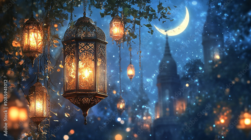 Magical Night Scene Glowing Lanterns Crescent Moon and Enchanting Cityscape Magical Night Scene Glowing Lanterns Crescent Moon and Enchanting Cityscape