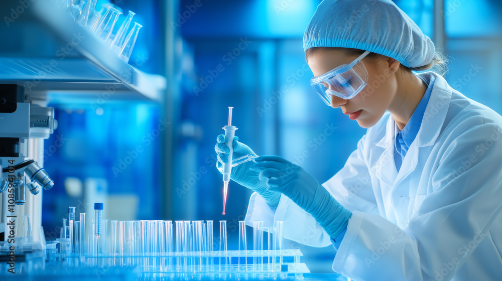 Scientist conducting experiments in a laboratory with test tubes during the day