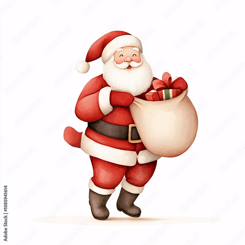 A watercolor illustration of Santa Claus carrying a gift sack, painted with vibrant red and white tones, isolated on a white background A watercolor illustration of Santa Claus carrying a gift sack, painted with vibrant red and white tones, isolated on a white background