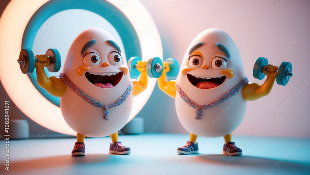 Obraz premium cute cartoon happy egg showing arm muscles, dumbbells