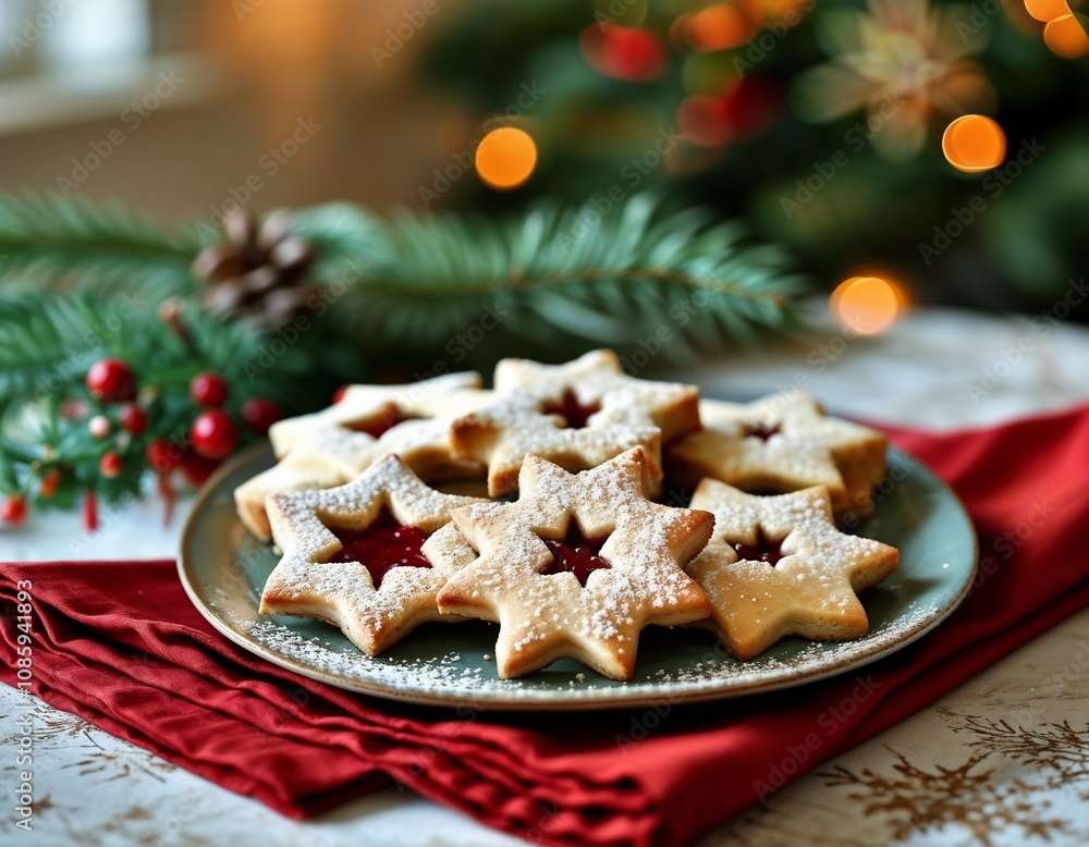 Festive star-shaped cookies with jam on plate for Christmas celebration
