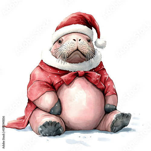 whimsical watercolor illustration of walrus wearing Santa hat and festive red cape, evoking joyful Christmas spirit. Perfect for holiday themed designs photo