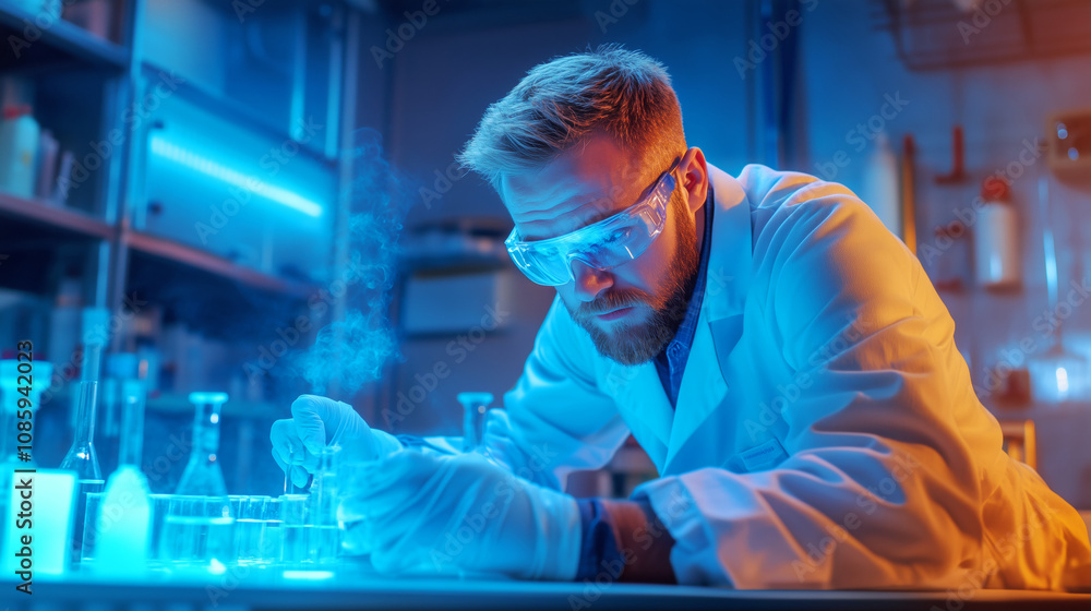Scientist conducting experiments in a laboratory with glowing liquids during nighttime research Scientist conducting experiments in a laboratory with glowing liquids during nighttime research