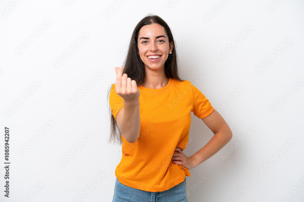 Young caucasian woman isolated on white background making money gesture Young caucasian woman isolated on white background making money gesture