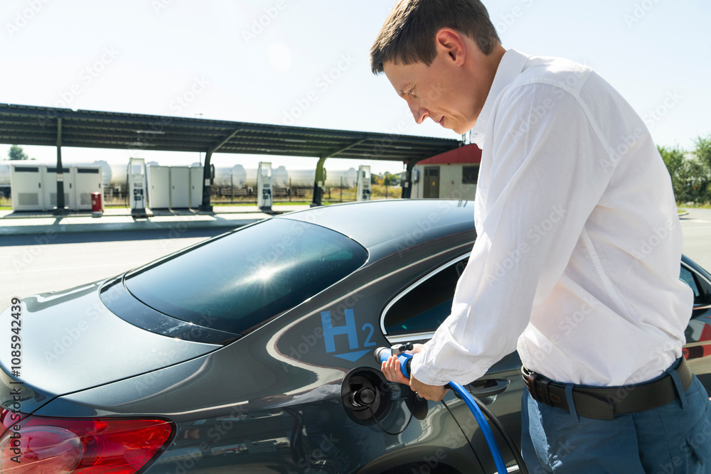 Man holds a hydrogen fueling nozzle on a hydrogen filling station. Refueling car with hydrogen fuel Man holds a hydrogen fueling nozzle on a hydrogen filling station. Refueling car with hydrogen fuel