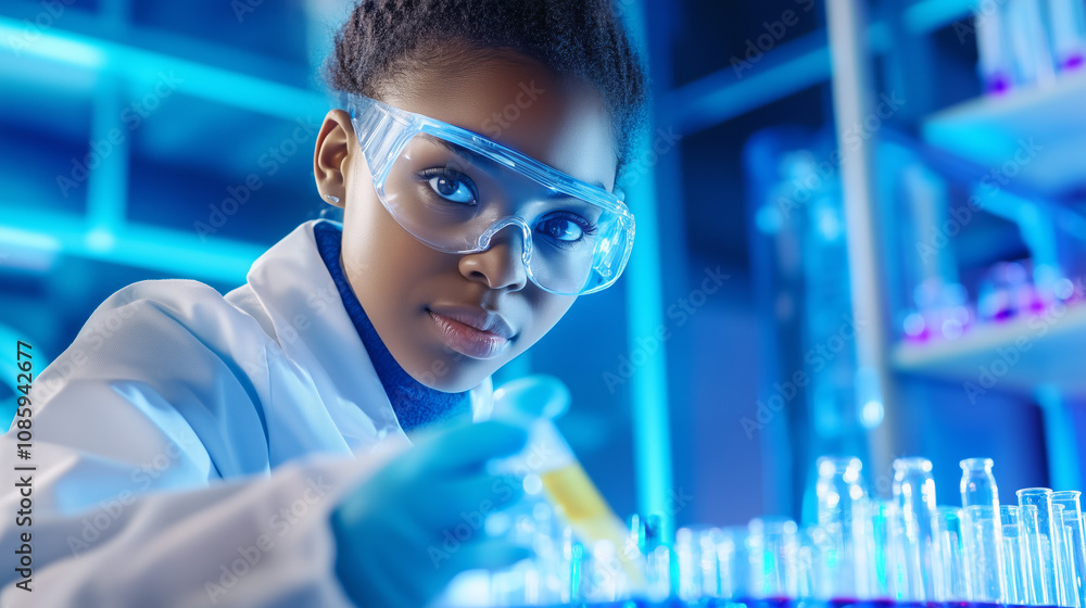 Young scientist conducting experiments in a bright laboratory with test tubes and equipment Young scientist conducting experiments in a bright laboratory with test tubes and equipment