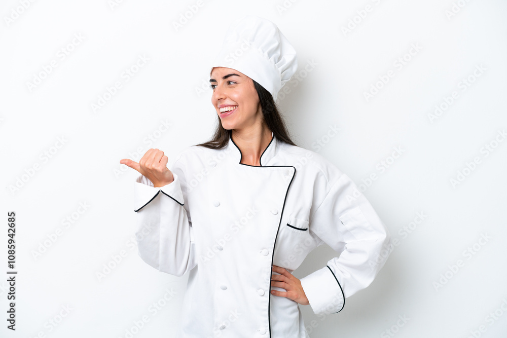 Young chef woman over white background pointing to the side to present a product Young chef woman over white background pointing to the side to present a product