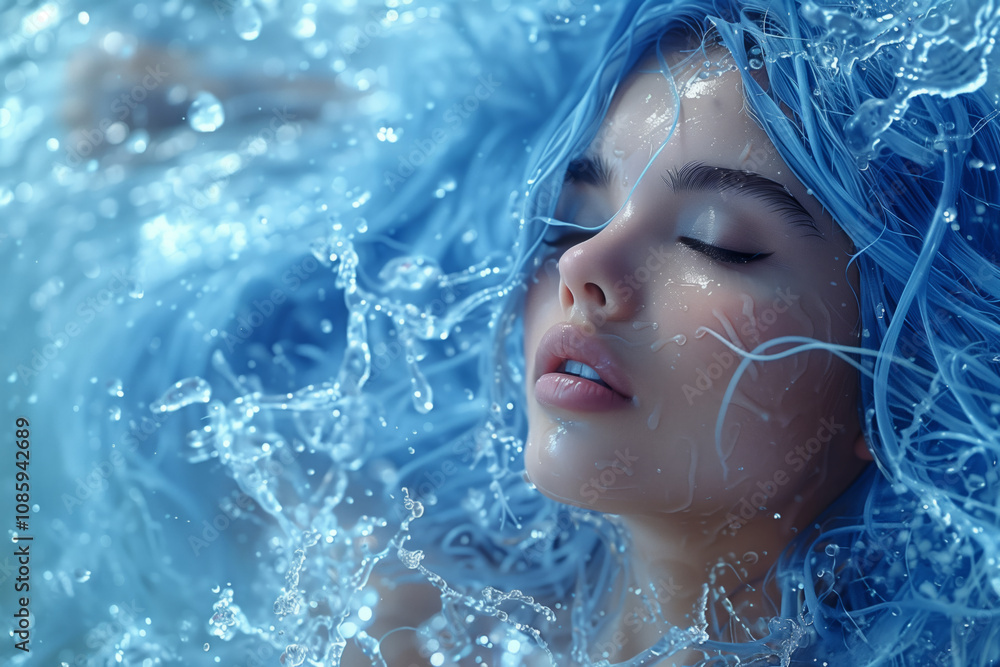 Portrait of a stunning young model with splashes of water and loose hair. Model and water. Portrait of a stunning young model with splashes of water and loose hair. Model and water.