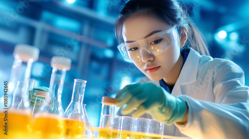 Young scientist conducting experiments in a laboratory with colorful liquids during the day