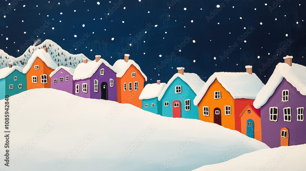 Colorful Snowy Village Houses Winter Night Scene Painting Art Colorful Snowy Village Houses Winter Night Scene Painting Art