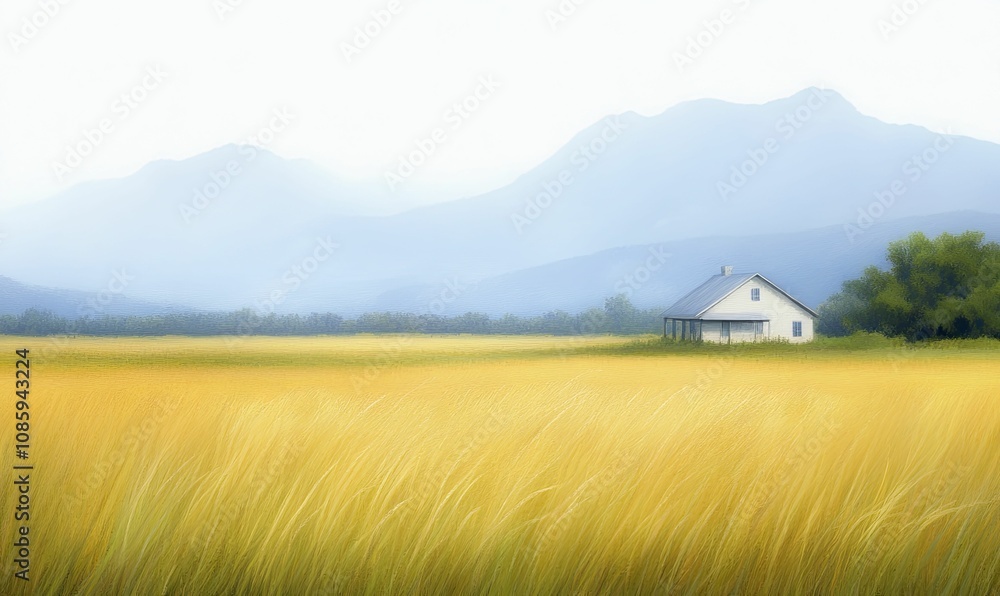 Charming countryside hideaway nestled among tall grasses and distant mountains. Digital painting with soft lines and muted tones for peaceful ambiance. Charming countryside hideaway nestled among tall grasses and distant mountains. Digital painting with soft lines and muted tones for peaceful ambiance.