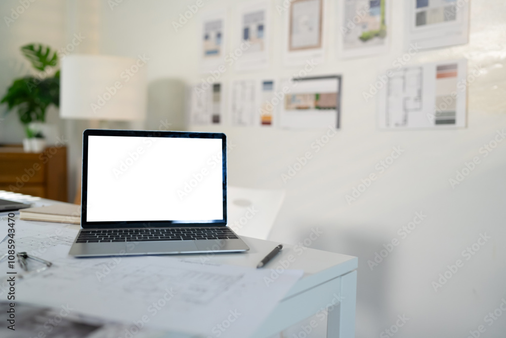 Fototapeta premium Empty white screen laptop. blank white screen. Mockup image in office