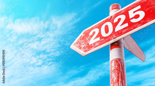 A weathered signpost pointing towards the year 2025 under a bright blue sky photo