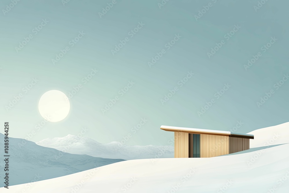 Minimalist mountain lodge with expansive views, surrounded by snow. Flat illustration capturing solitude and peaceful winter ambiance. Minimalist mountain lodge with expansive views, surrounded by snow. Flat illustration capturing solitude and peaceful winter ambiance.