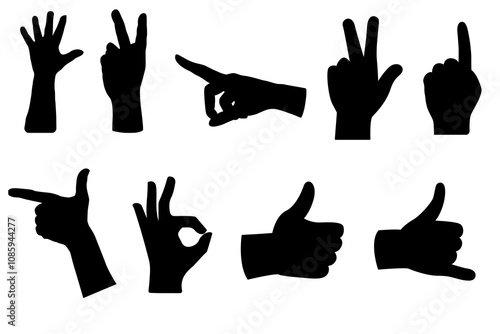 hand signs or hand gesture silhouette collection, isolated on white. Perfect hand vector for communication, design elements. Includes pointing, thumbs up, call me, and super hand signs