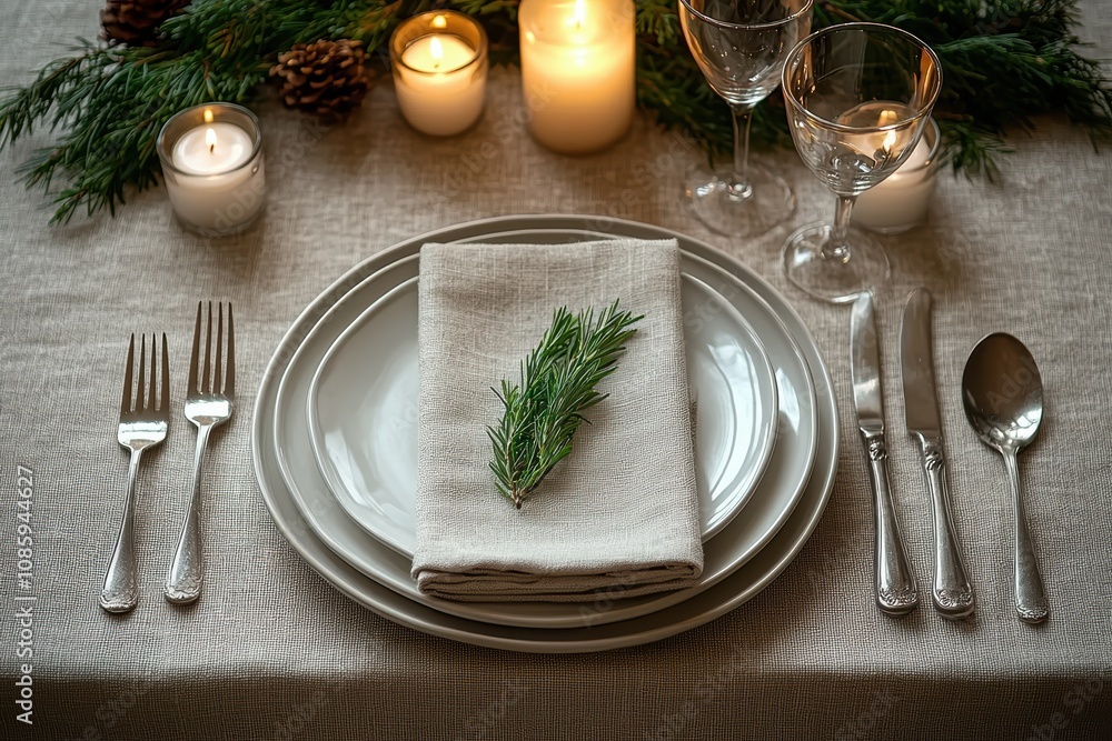 Minimalistic Christmas: Simple, Elegant Table Setting with White Ceramic Plates, Silver Flatware, and a Soft Gray Linen Napkin Minimalistic Christmas: Simple, Elegant Table Setting with White Ceramic Plates, Silver Flatware, and a Soft Gray Linen Napkin