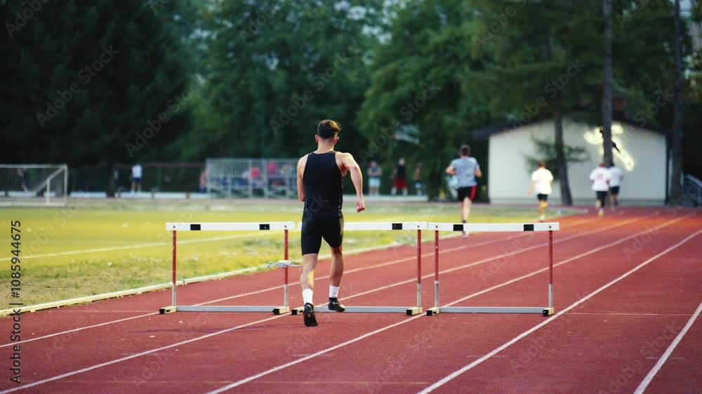 Male Athlete is Running Towards an Obstacle, Hurdling, Jumping Over the Barrier at High Speed while Sprinting in a Race. Cinematic Super Slow Motion Male Athlete is Running Towards an Obstacle, Hurdling, Jumping Over the Barrier at High Speed while Sprinting in a Race. Cinematic Super Slow Motion