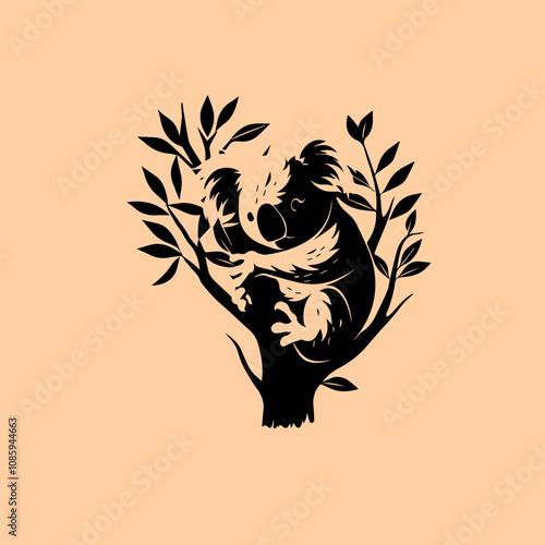 vector animal illustration, logo, silhouette with a koala on a wooden branch photo