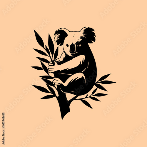 vector animal illustration, logo, silhouette with a koala on a wooden branch