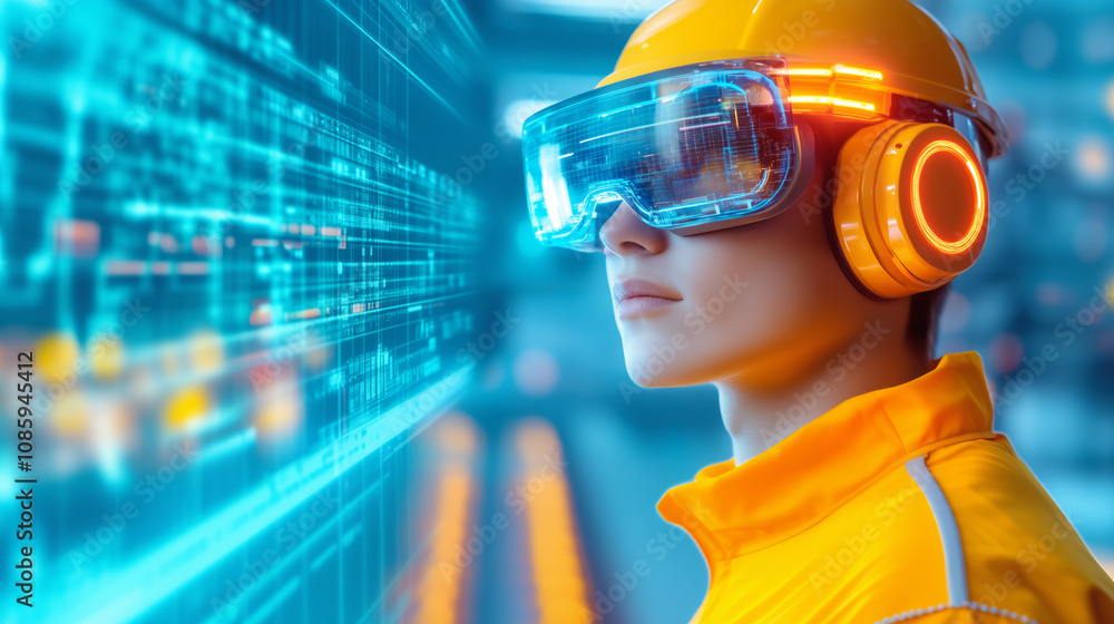 Young person in futuristic goggles and headset interacting with digital data in a tech environment Young person in futuristic goggles and headset interacting with digital data in a tech environment