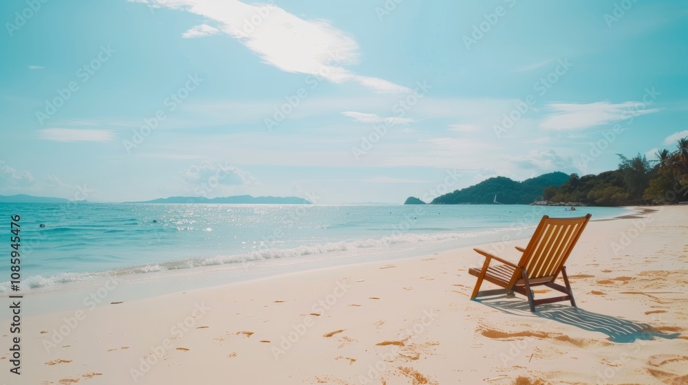 Tranquil tropical beach with a chair on pristine sand and a stunning sea under clear skies Tranquil tropical beach with a chair on pristine sand and a stunning sea under clear skies