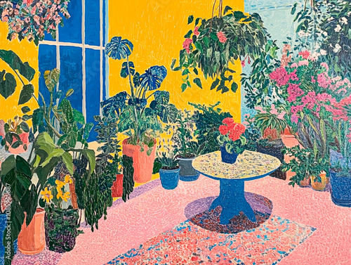 impressionistic hand painted indoor garden with potted flowers and plants