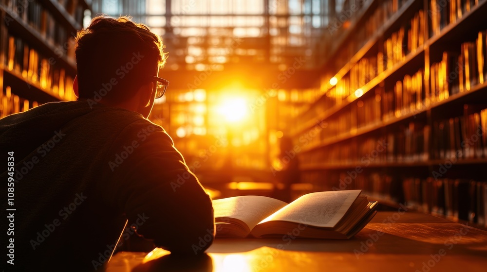 Student studying at an international library, broadening perspectives, learning across borders Student studying at an international library, broadening perspectives, learning across borders