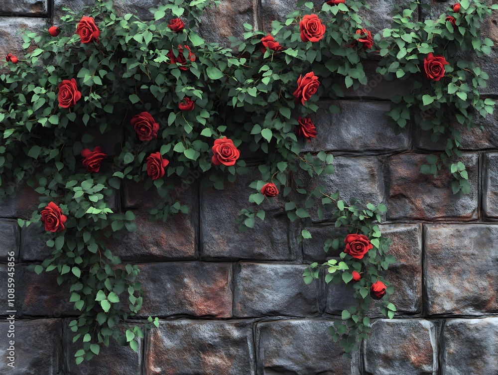 Naklejka premium Red roses climbing a stone wall.