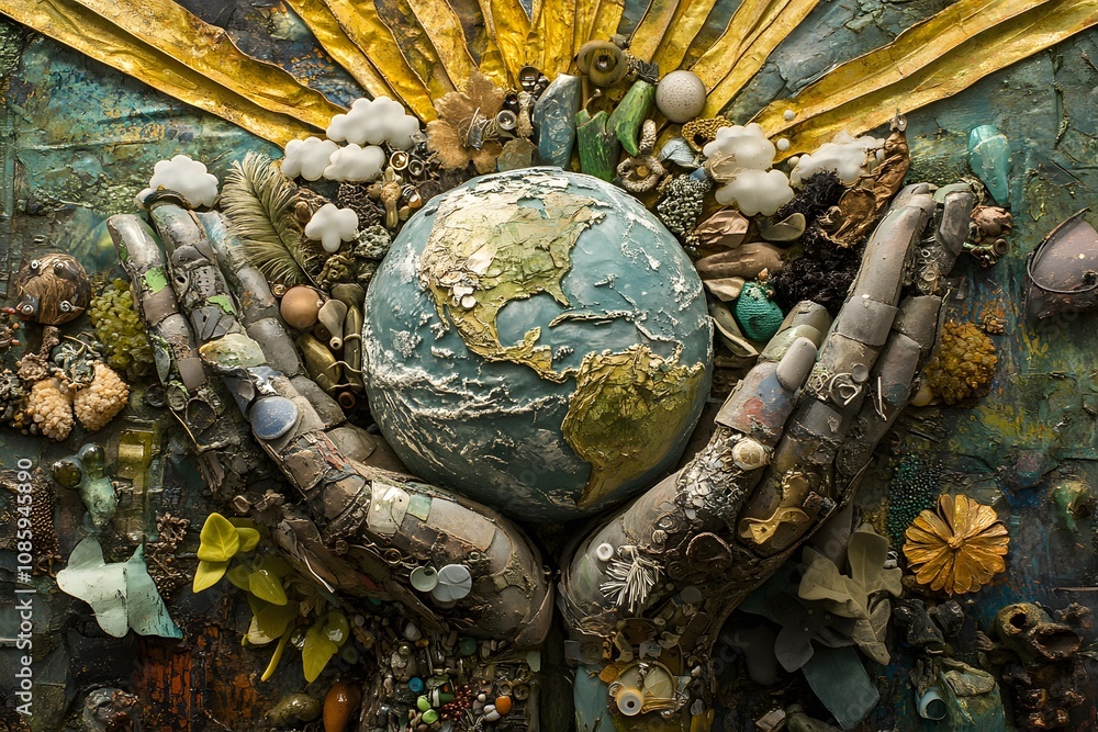 Fototapeta premium Environmental art showcasing hands holding Earth, created with mosaic art, symbolizing conservation, sustainability, and eco-friendly climate change efforts