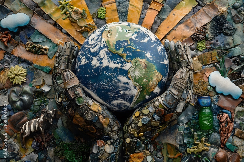 Obraz premium Environmental art showcasing hands holding Earth, created with mosaic art, symbolizing conservation, sustainability, and eco-friendly climate change efforts