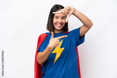 Super Hero caucasian woman isolated on white background focusing face. Framing symbol