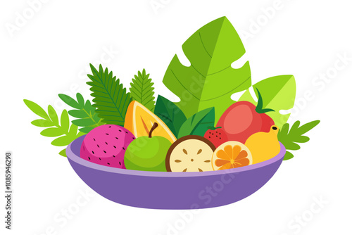 Decorative Bowl of Assorted Tropical Fruits with Fresh Leaves for Garnish