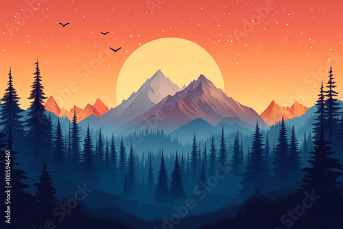Majestic Mountains Sunset Over Silhouetted Pine Forest