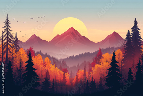 Autumnal Forest Sunset Mountain Landscape Scene