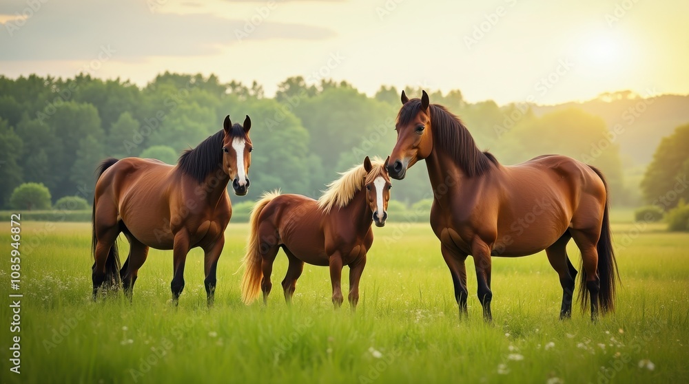 Horses grazing in a grassy field with trees in the background. Countryside, farm, nature themes Horses grazing in a grassy field with trees in the background. Countryside, farm, nature themes