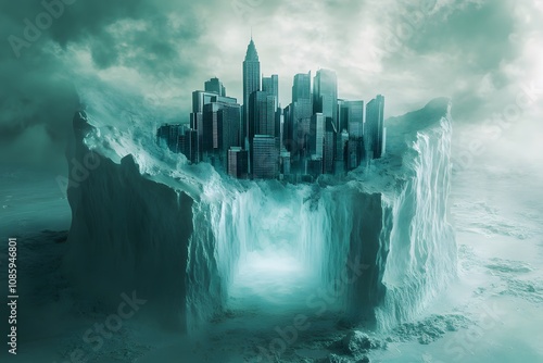 Futuristic city in an icy landscape, featuring frozen architecture, surreal art, a winter scene, and a frozen cityscape on an ice cliff