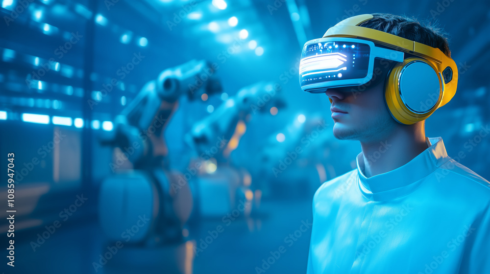 Innovative technology at work in a futuristic factory with a man using virtual reality equipment Innovative technology at work in a futuristic factory with a man using virtual reality equipment